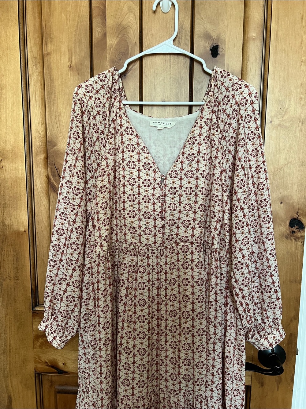 DownEast Cream Dress with Burgundy Floral Print and V-Neck